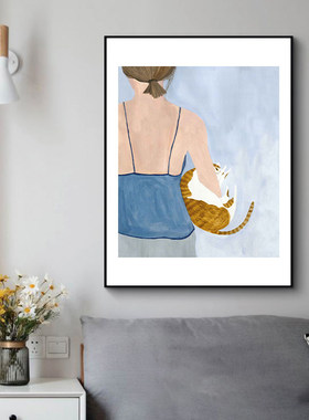 现代简约撸猫猫咪挂画少女卧室床头画可爱卡通动物装饰画餐厅壁画