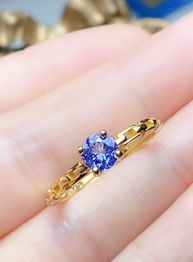 丛利 天然坦桑石戒指女S925银黄金色时尚经典白金色坦桑石纯银戒
