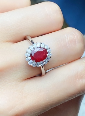 6x8天然太阳石戒指女S925银玫瑰金色时尚经典白金色红色宝石大气