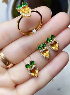 5x7天然黄水晶戒指、耳钉、吊坠套装女款925银镶嵌黄金清新时尚款