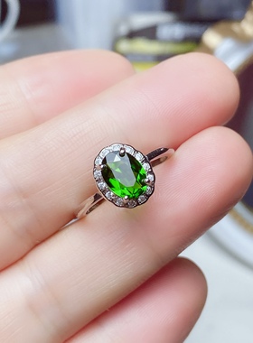 6x8天然透辉石戒指女S925银玫瑰金色时尚经典白金色绿色宝石经典