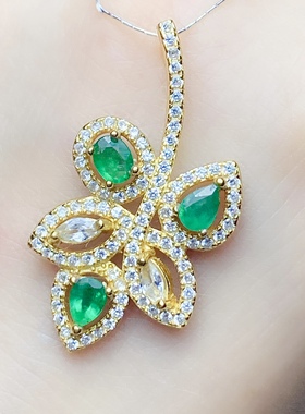 水滴3x4天然祖母绿吊坠女S925银黄金色时尚经典黄金色纯银镶嵌