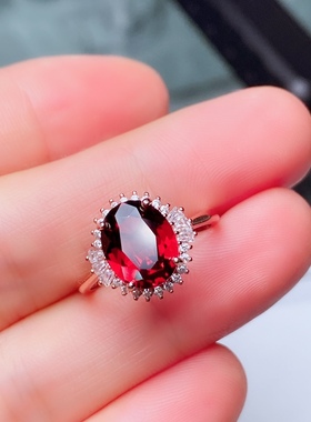 丛利 天然鸽血红石榴石戒指s925银红色宝石纯银镶嵌大气时尚饰品