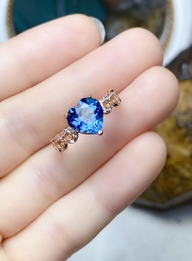 8×8天然托帕石戒指女款925银镶嵌蓝色女戒清新时尚款纯银镶嵌