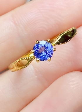 丛利 天然坦桑石戒指女S925银黄金色时尚经典白金色坦桑石纯银戒