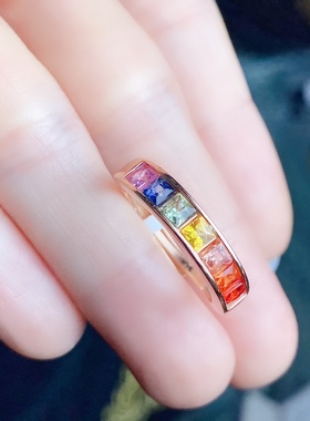 方3x3天然彩蓝宝戒指女款s925银镶嵌彩色排戒玫瑰金时尚潮流女戒