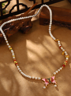 新中式复古平安锁蝴蝶珍珠项链百搭高级感气质时尚百搭精致锁骨