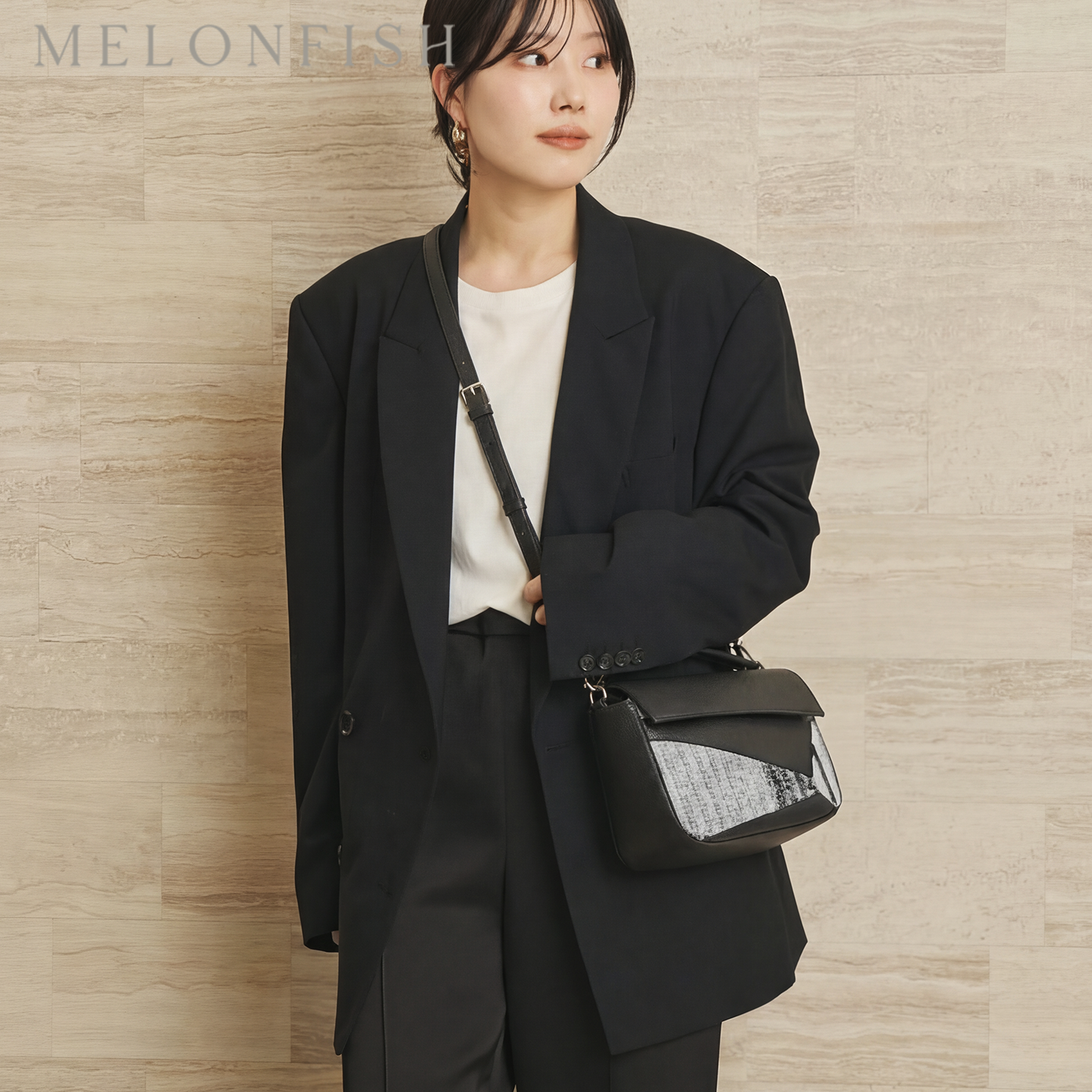 【黑白拼图】MELONFISH早春撞色真皮羊毛puzzle通勤单肩斜挎包,淘宝优惠券,粉丝福利购,淘宝优惠卷