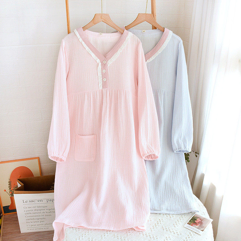 春季新品长袖睡裙棉纱绉布纯棉睡衣女宽松家居服睡衣裙袍,淘宝优惠券,粉丝福利购,淘宝优惠卷