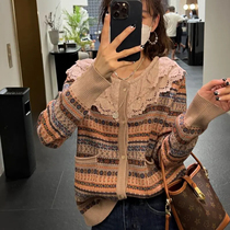 Hook Flower Doll Collar Jacquard Sweater Jacket Woman 2024 New Fall 100 Hitch Long Sleeve Knit Cardiovert Blouse