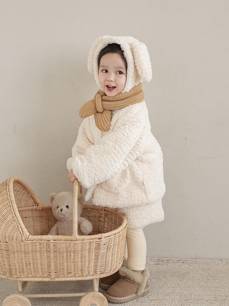 韩版秋冬女童宝宝米白色兔耳朵毛绒外套裤子套装萌趣可爱两件套