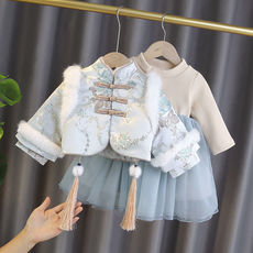 Китайский традиционный наряд для детей 拜年服女童汉服儿童秋秋冬公主裙加绒旗袍中国风加厚连衣裙唐装