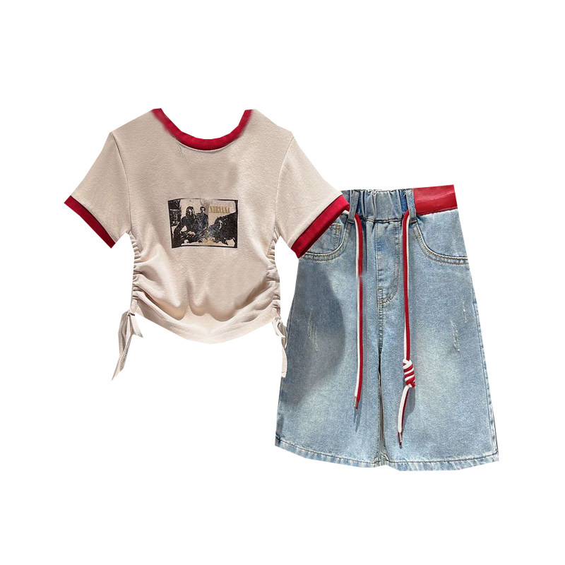 女童破洞牛仔裤套装2025新款夏季中大童时髦阔腿裤夏装时尚两件套,淘宝优惠券,粉丝福利购,淘宝优惠卷