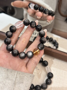 Nicole「双向奔富」原创天然银曜石手串招财黄塔晶貔貅手链转运饰