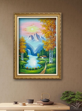 欧式山水瀑布纯手绘招财油画