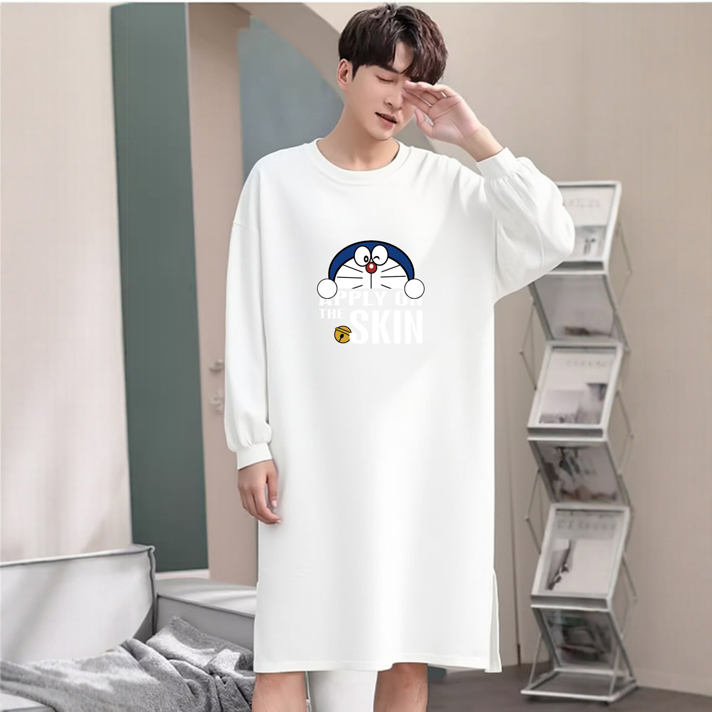 100%纯棉长袖睡袍男士卡通宽松大码连衣睡裙一体式开叉休闲家居服,淘宝优惠券,粉丝福利购,淘宝优惠卷