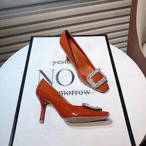 A D Hepburn ~ water drilling square buckle fine heel single shoe woman 2023 Spring new retro square head lacquered leather high heel shoes