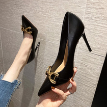 A D Hepburn ~ Metal buckle High heels Shoes Woman Fashion Soft Leather Workplace Comfortable Custard Thin Heel Light Stomp Shoes