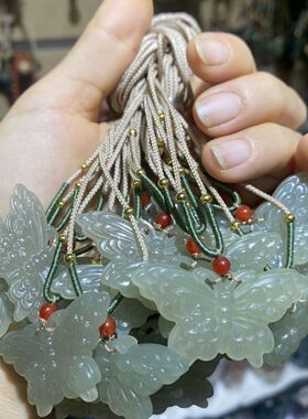 和田玉湖水绿蝴蝶吊坠.天然和田玉蝴蝶挂件.和田玉蝴蝶项链44×22