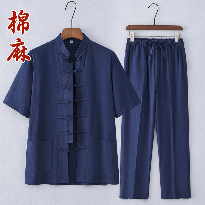 中老年唐装男棉麻短袖套装中式立领男装夏款半袖居士服汉服爸爸装 - 图2