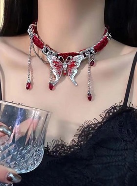 红丝绒蝴蝶流苏项链女甜酷辣妹气质时尚夸张小众轻奢设计感锁骨链