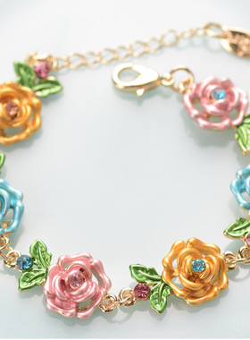 景泰蓝多色玫瑰花手链水钻配饰彩绘民族风饰品延长链可调节大小