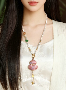 新中式旗袍宋锦葫芦珍珠毛衣项链