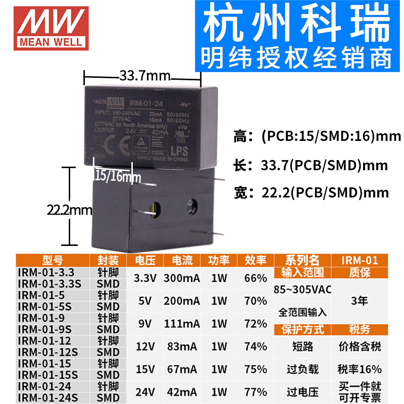 明纬IRM 3.3/5/9/12/15/24 S V 1W2W3W10W 03降压01模块02电源05 - 图0