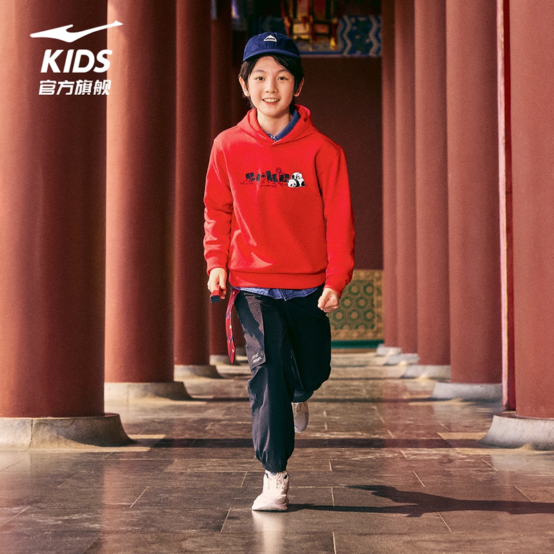 鸿星尔克童装儿童连帽卫衣秋冬季男童新年款红色运动加绒保暖上衣