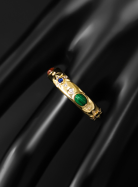 罗马风彩石戒指女指环彩色宝石食指戒部落风简约气质银潮