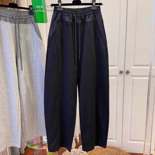 特大码2-300斤撞色弯刀阔腿裤女2024春夏新款休闲高腰镰刀香蕉裤 - 图0