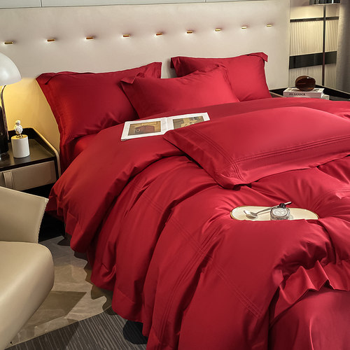 简约高级结婚铺床上用品100支长绒棉纯棉红色床单婚庆纯色四件套4 - 图0