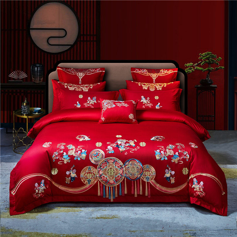 高档中式百子图刺绣婚庆四件套红色龙凤被套床单喜被结婚床上用品,淘宝优惠券,粉丝福利购,淘宝优惠卷
