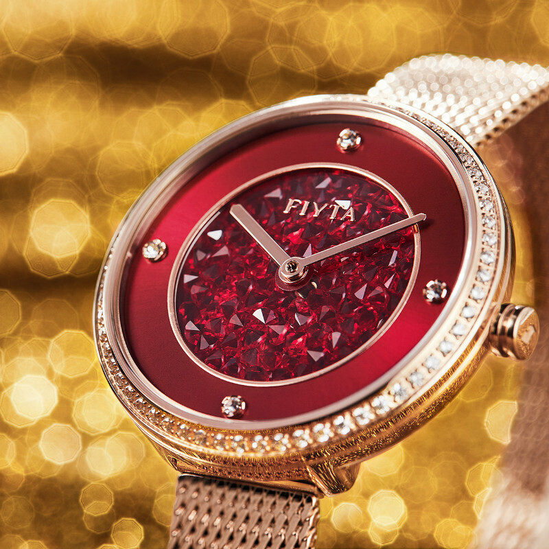 新品飞亚达满天星手表女ins风防水石英表红色镶钻女士腕表dl21002