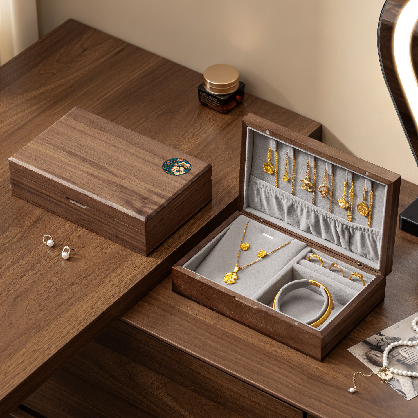 Walnut wedding three-gold jewelry storage box anti-oxidation