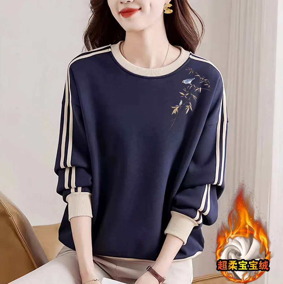 外贸出口品牌清仓纯棉时尚加绒长袖卫衣女秋冬款百搭显瘦拼色上衣 - 图0