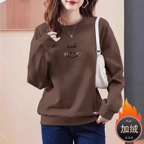 大牌专柜撤柜清仓纯棉时尚加绒长袖卫衣女秋冬款百搭显瘦气质上衣 - 图1