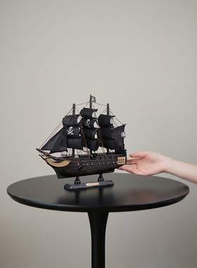复古黑三桅帆船木质模型摆件