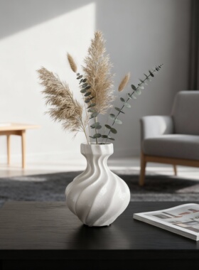 现代简约白色陶瓷3D螺旋花瓶