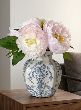 手工钩织永生花牡丹青花瓷花瓶