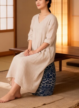 日系亚麻V领长袖宽松连衣裙