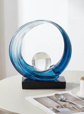 现代轻奢琉璃蓝圆环水晶摆件