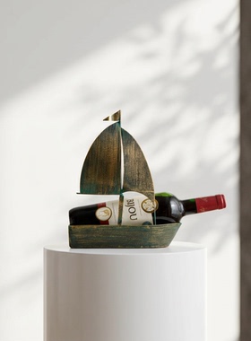 高档实木纯铜雕花帆船酒瓶架摆件