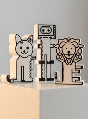 卡通像素猫咪狮子机器人摆件