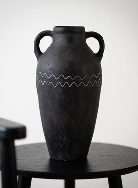 极简轻熟风黑色陶瓷双耳花瓶摆件