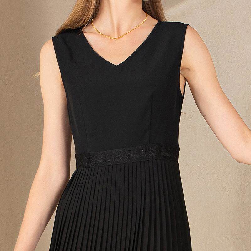 名师路黑色V领气质无袖百褶连衣裙女春季2025年新款薄雪纺裙中腰,淘宝优惠券,粉丝福利购,淘宝优惠卷