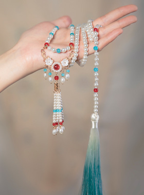 蓝色马面裙配饰长流苏背云璎珞项链复古珍珠吊坠中国风饰品女