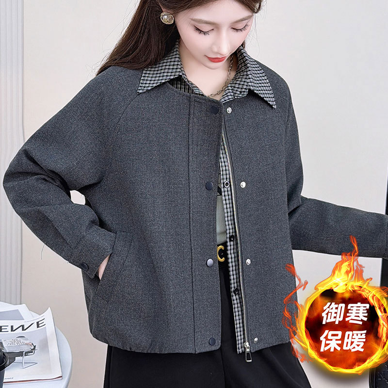 时尚格子拼接假两件秋冬款厚外套2025新款洋气羊毛呢韩版百搭上衣 - 图0