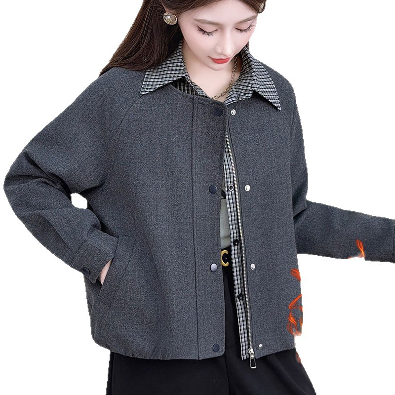 时尚格子拼接假两件秋冬款厚外套2025新款洋气羊毛呢韩版百搭上衣 - 图3