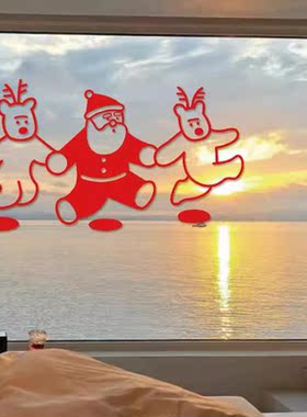 圣诞老人与麋鹿欢乐圣诞节日贴纸玻璃门窗户背景墙贴新年装饰图案